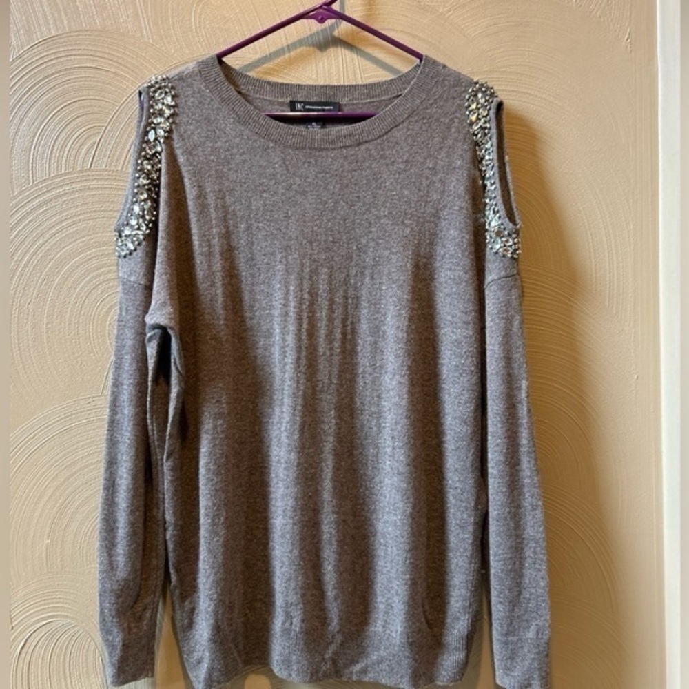 INC $80 Brown Gray Embellished Cold Shoulder Sweater Women’s Size XL